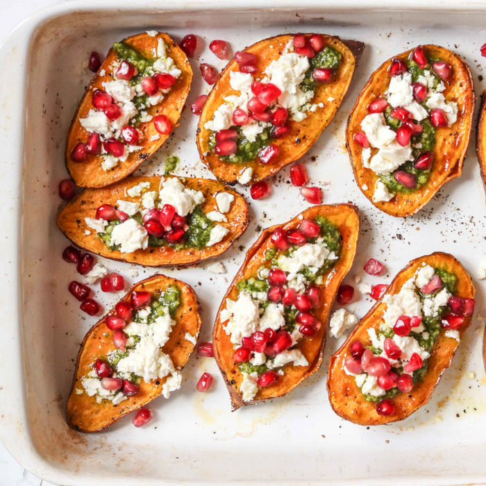 Baked Sweet Potato With Feta, Pesto & Pomegranate