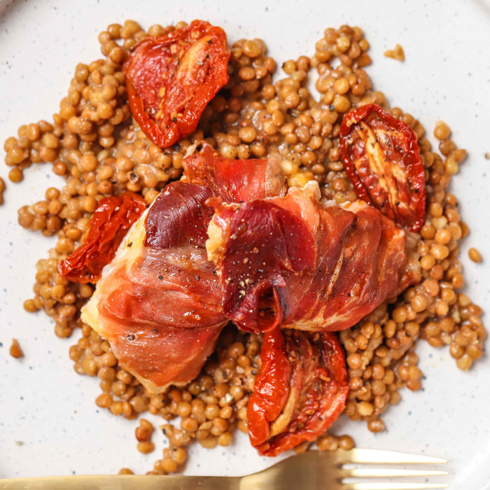 Prosciutto Wrapped Chicken With Lentils